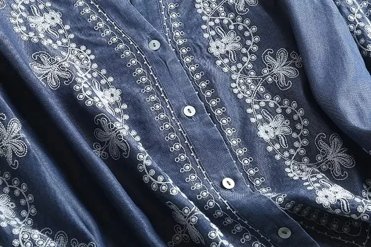 Long Sleeve Denim Shirt Women's Spring Summer Soft Jeans Stand Collar Floral Embroidery Blouses Thin Coat Tops New 2023 T35430M