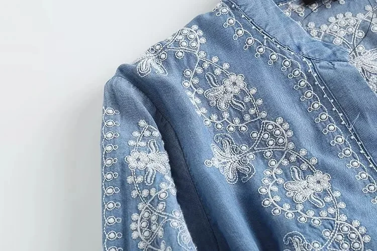 Long Sleeve Denim Shirt Women's Spring Summer Soft Jeans Stand Collar Floral Embroidery Blouses Thin Coat Tops New 2023 T35430M
