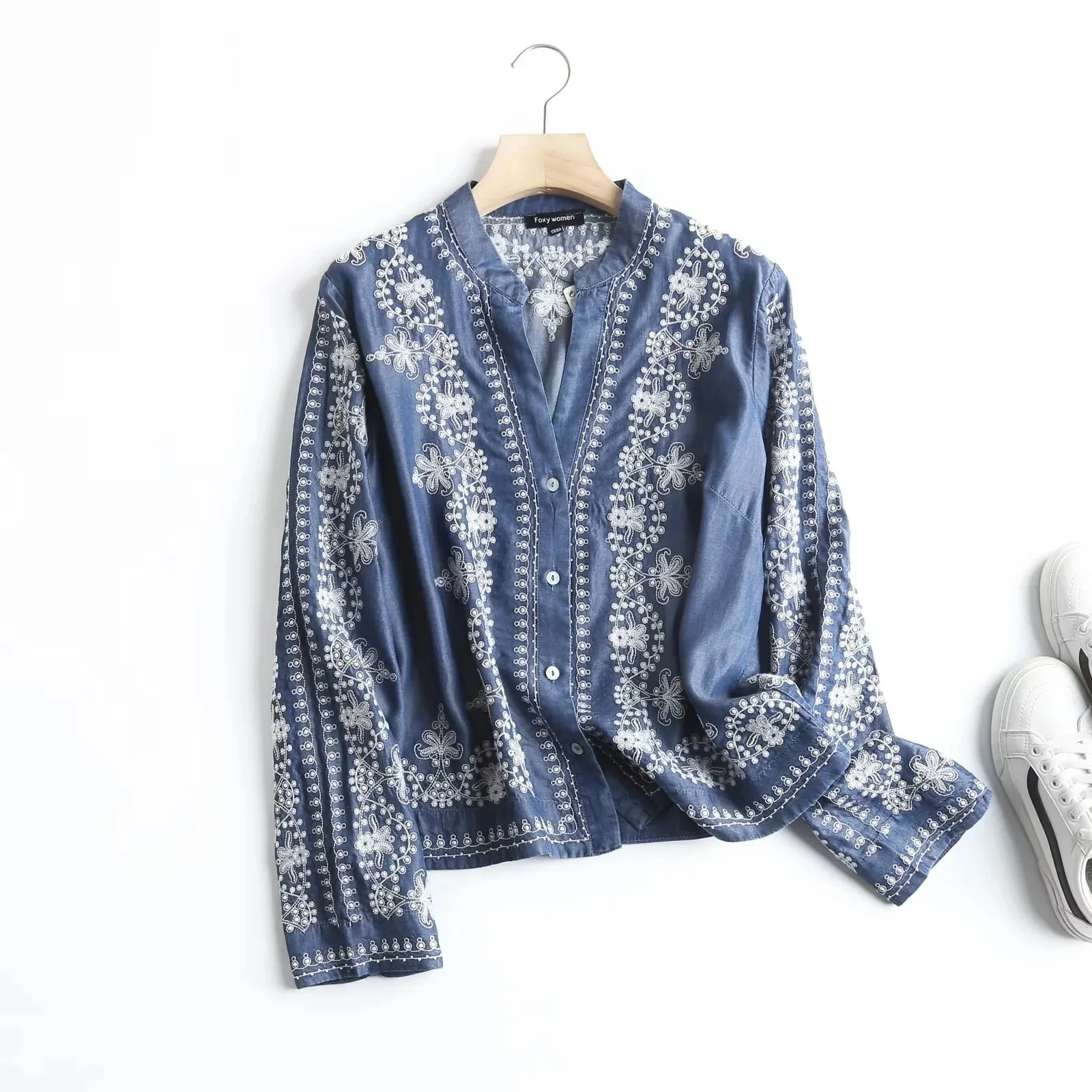 Long Sleeve Denim Shirt Women's Spring Summer Soft Jeans Stand Collar Floral Embroidery Blouses Thin Coat Tops New 2023 T35430M