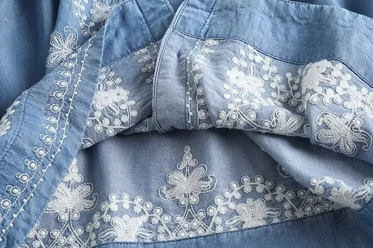 Long Sleeve Denim Shirt Women's Spring Summer Soft Jeans Stand Collar Floral Embroidery Blouses Thin Coat Tops New 2023 T35430M