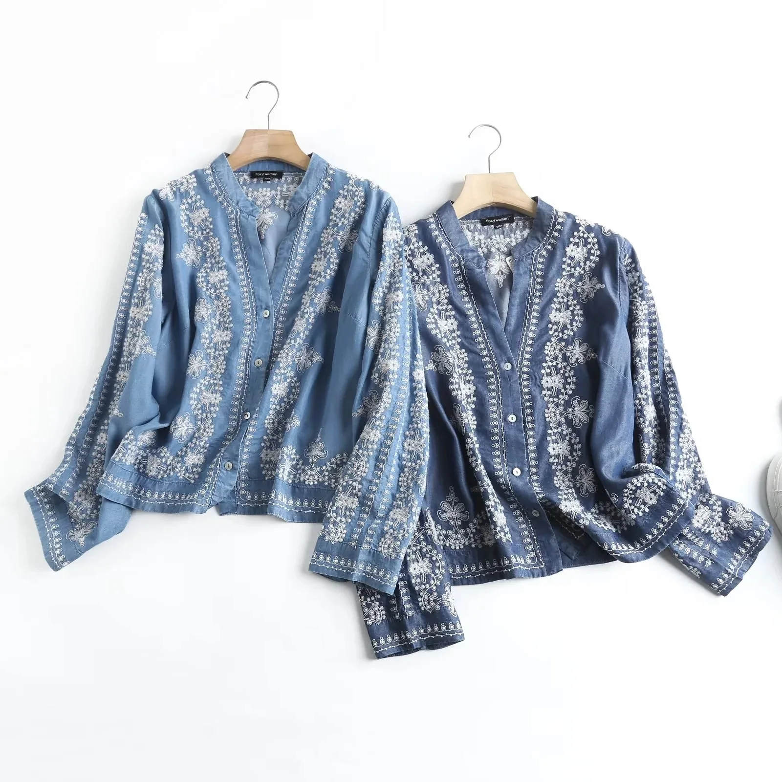 Long Sleeve Denim Shirt Women's Spring Summer Soft Jeans Stand Collar Floral Embroidery Blouses Thin Coat Tops New 2023 T35430M