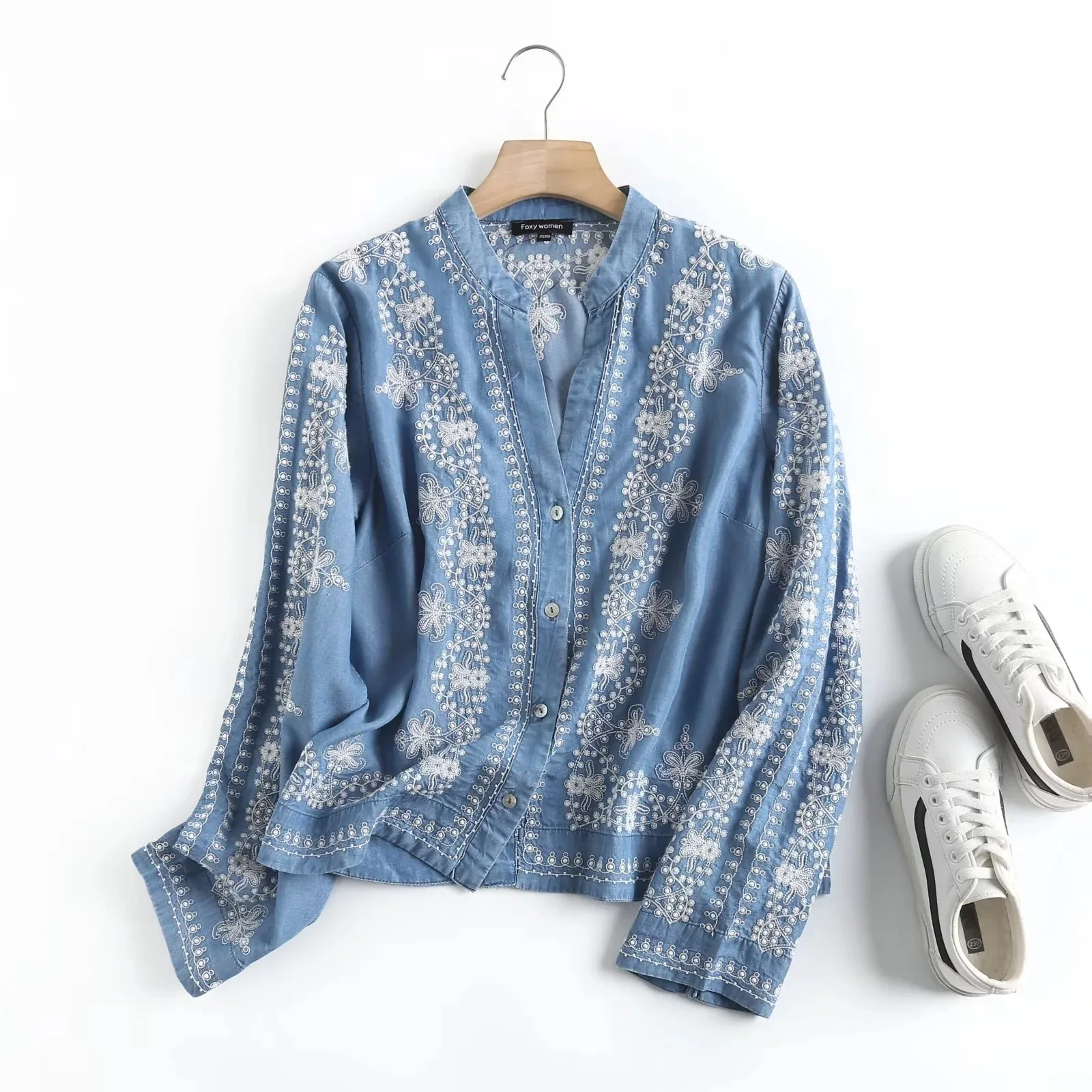 Long Sleeve Denim Shirt Women's Spring Summer Soft Jeans Stand Collar Floral Embroidery Blouses Thin Coat Tops New 2023 T35430M