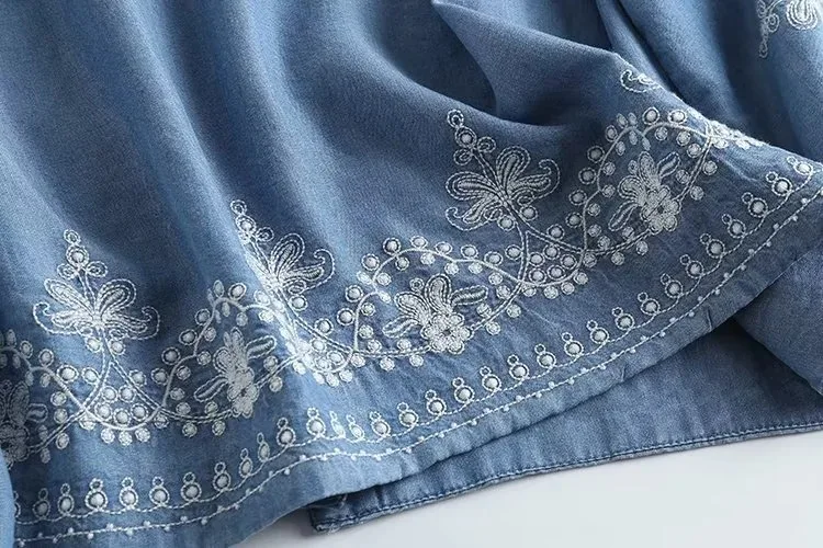 Long Sleeve Denim Shirt Women's Spring Summer Soft Jeans Stand Collar Floral Embroidery Blouses Thin Coat Tops New 2023 T35430M