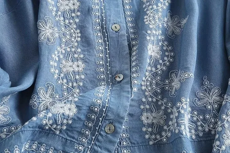 Long Sleeve Denim Shirt Women's Spring Summer Soft Jeans Stand Collar Floral Embroidery Blouses Thin Coat Tops New 2023 T35430M