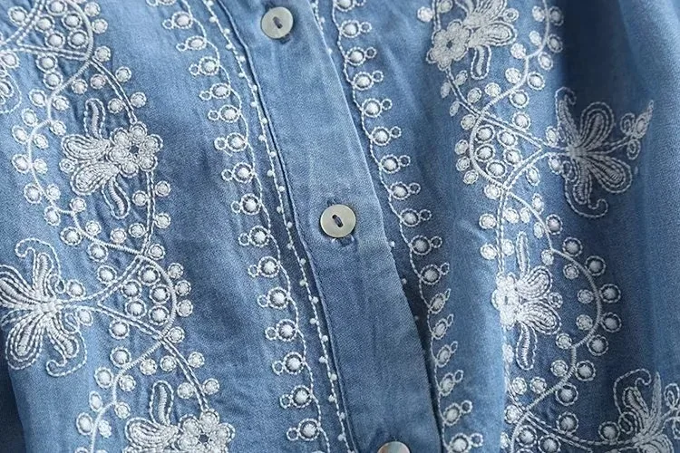 Long Sleeve Denim Shirt Women's Spring Summer Soft Jeans Stand Collar Floral Embroidery Blouses Thin Coat Tops New 2023 T35430M