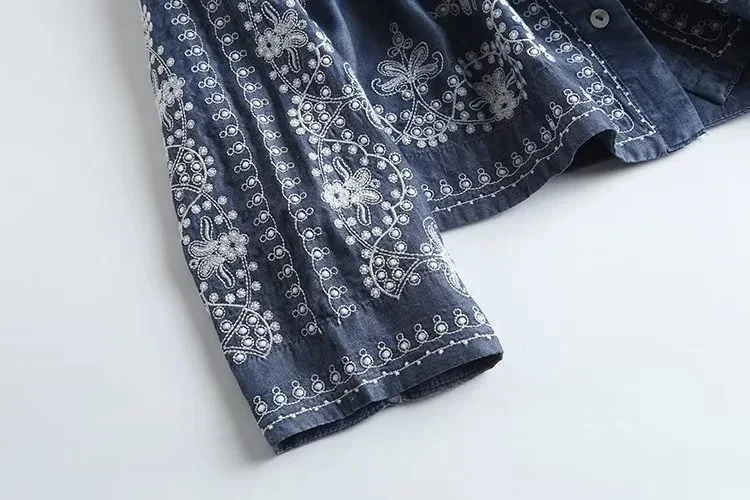 Long Sleeve Denim Shirt Women's Spring Summer Soft Jeans Stand Collar Floral Embroidery Blouses Thin Coat Tops New 2023 T35430M