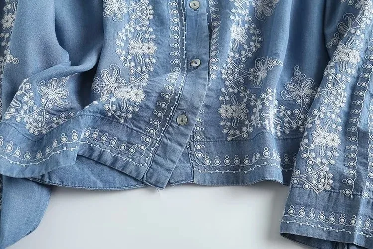 Long Sleeve Denim Shirt Women's Spring Summer Soft Jeans Stand Collar Floral Embroidery Blouses Thin Coat Tops New 2023 T35430M