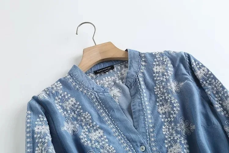 Long Sleeve Denim Shirt Women's Spring Summer Soft Jeans Stand Collar Floral Embroidery Blouses Thin Coat Tops New 2023 T35430M