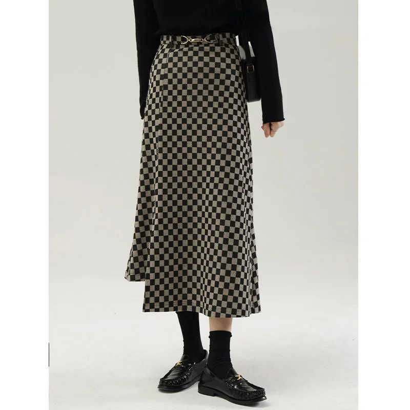 UMI MAO Yamamoto Autumn Winter Eucalyptus Painted Street Checkerboard Plaid Knitted Loose Women's Design Sense Niche Skirt Y2K