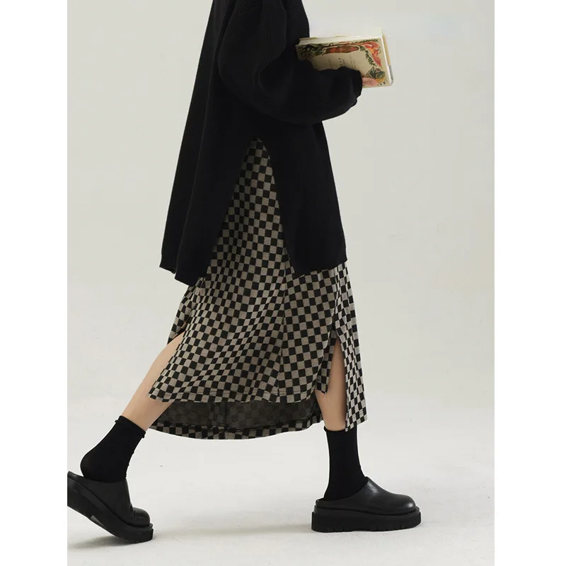 UMI MAO Yamamoto Autumn Winter Eucalyptus Painted Street Checkerboard Plaid Knitted Loose Women's Design Sense Niche Skirt Y2K
