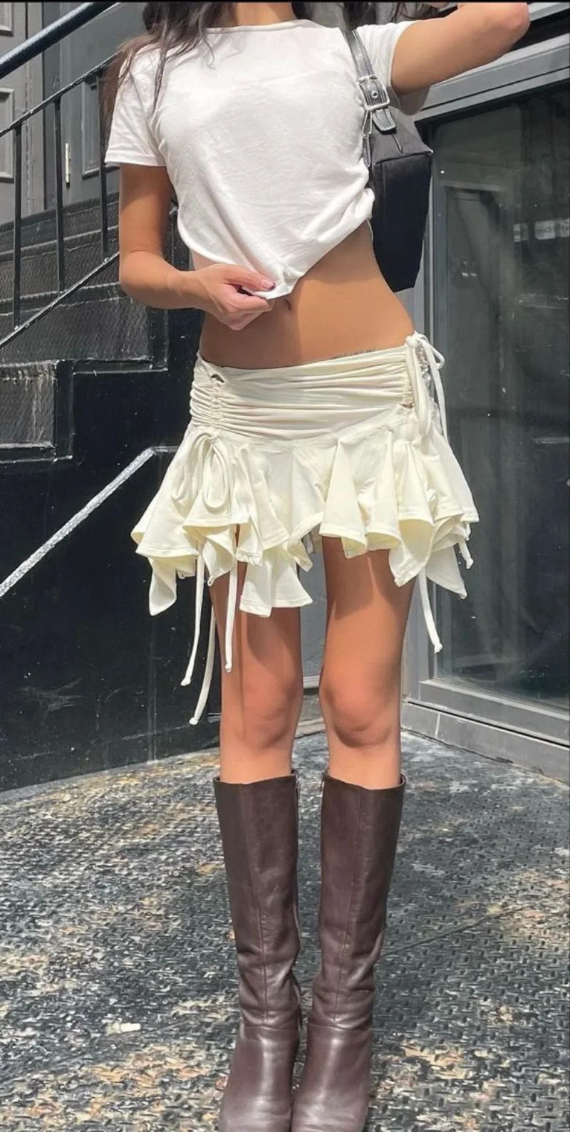 Y2K Gothic Punk Women Irregular Duck Skirts Solid Color Drawstring Tie-Up Ruched Ruffles Mini Skirt Summer Fashion Short Skirts