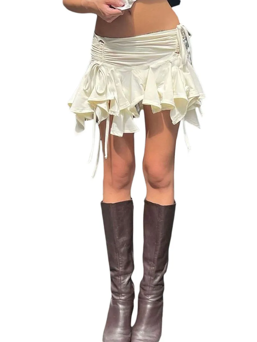 Y2K Gothic Punk Women Irregular Duck Skirts Solid Color Drawstring Tie-Up Ruched Ruffles Mini Skirt Summer Fashion Short Skirts