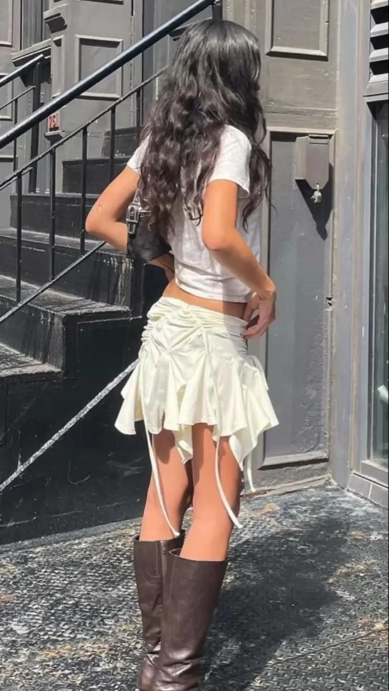 Y2K Gothic Punk Women Irregular Duck Skirts Solid Color Drawstring Tie-Up Ruched Ruffles Mini Skirt Summer Fashion Short Skirts