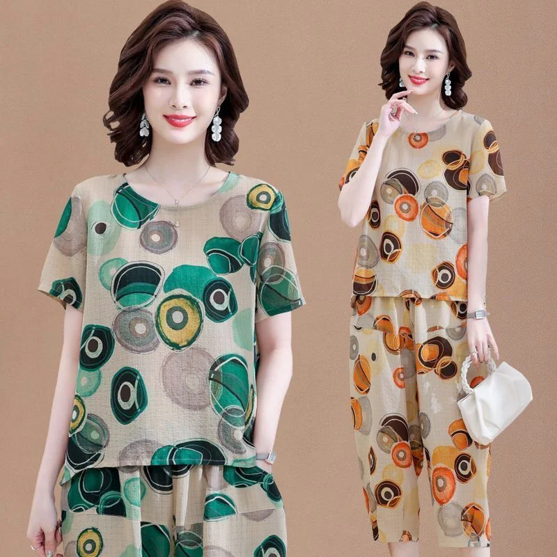 New Short-Sleeved T-Shirt for Summer Sets Mother's Cotton Linen Suit Two-piece Suit For Mid-Elderly Women's Coat And Pants 2PCS