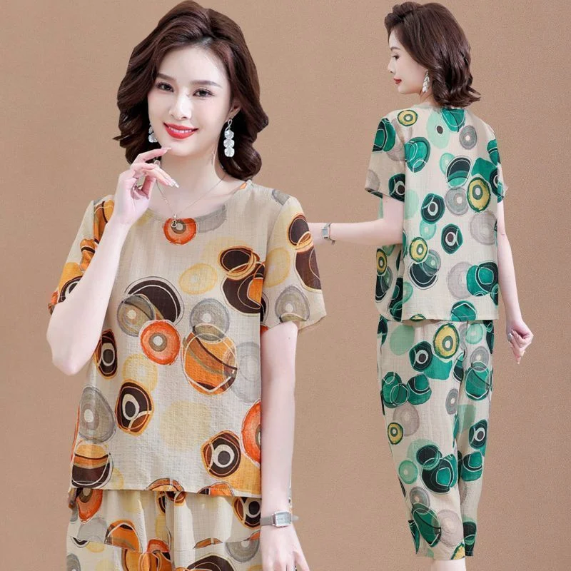New Short-Sleeved T-Shirt for Summer Sets Mother's Cotton Linen Suit Two-piece Suit For Mid-Elderly Women's Coat And Pants 2PCS