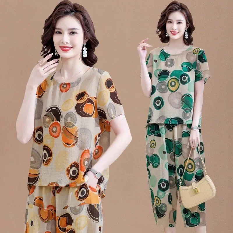 New Short-Sleeved T-Shirt for Summer Sets Mother's Cotton Linen Suit Two-piece Suit For Mid-Elderly Women's Coat And Pants 2PCS