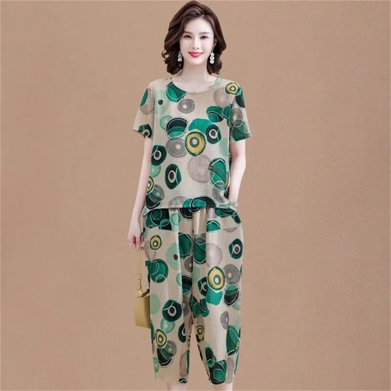 New Short-Sleeved T-Shirt for Summer Sets Mother's Cotton Linen Suit Two-piece Suit For Mid-Elderly Women's Coat And Pants 2PCS