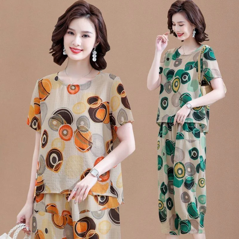 New Short-Sleeved T-Shirt for Summer Sets Mother's Cotton Linen Suit Two-piece Suit For Mid-Elderly Women's Coat And Pants 2PCS