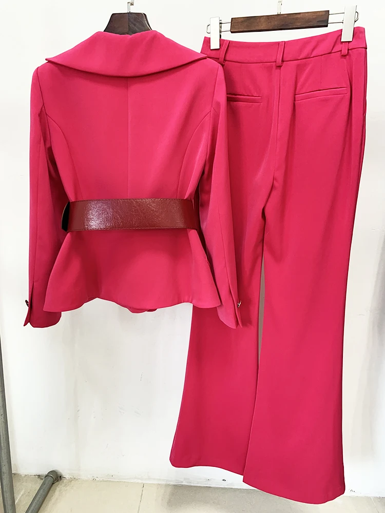 HIGH STREET Newest 2026 S/S Runway Designer Suit Set Women's Slim Fitting Single Button Belted Blazer Flare Pants Set 2pcs