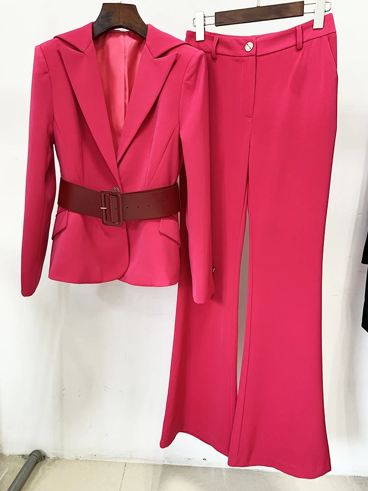 HIGH STREET Newest 2026 S/S Runway Designer Suit Set Women's Slim Fitting Single Button Belted Blazer Flare Pants Set 2pcs