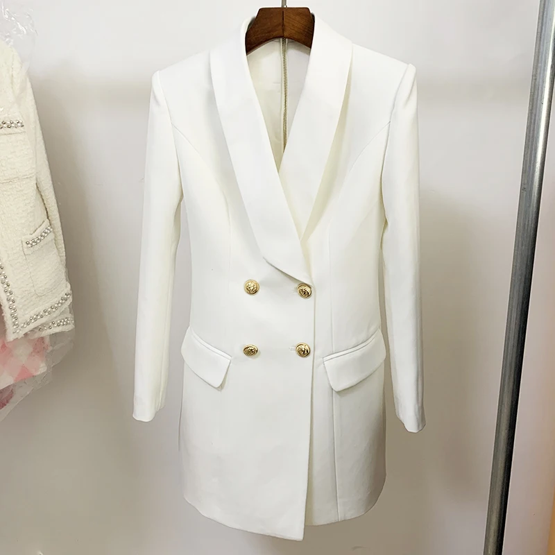 HIGH STREET 2026 New Fashion Designer Blazer Dress Women's Long Sleeve Double Breasted Metal Buttons Satin Notched Collar Dress