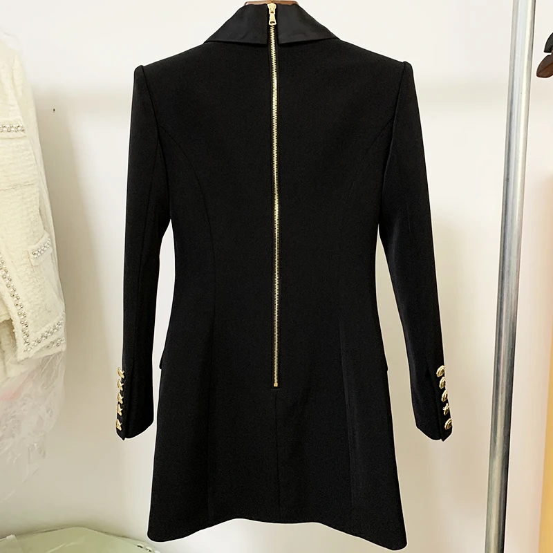 HIGH STREET 2026 New Fashion Designer Blazer Dress Women's Long Sleeve Double Breasted Metal Buttons Satin Notched Collar Dress