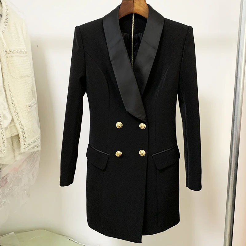 HIGH STREET 2026 New Fashion Designer Blazer Dress Women's Long Sleeve Double Breasted Metal Buttons Satin Notched Collar Dress