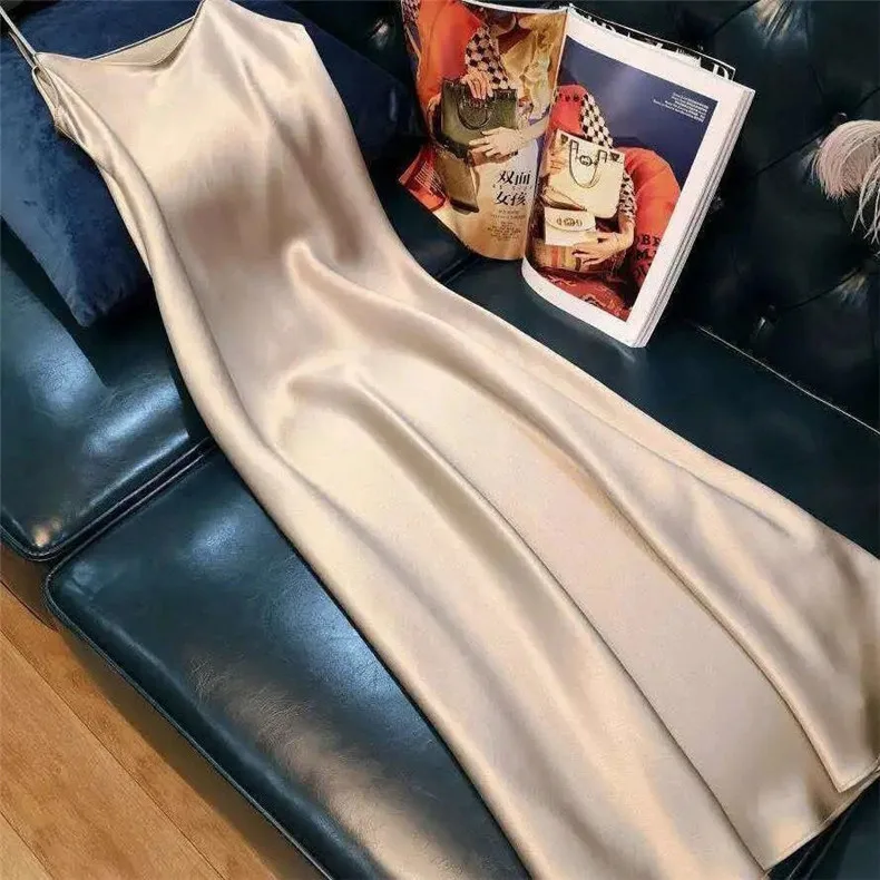 Women Slip Dress Satin Sleeveless V-Neck Solid Silk Elegant Vintage Lady 2026 Summer Female Long Spaghetti Strap Dresses Vestido