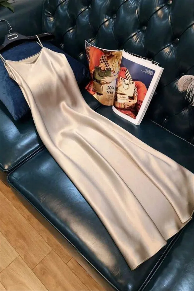 Women Slip Dress Satin Sleeveless V-Neck Solid Silk Elegant Vintage Lady 2026 Summer Female Long Spaghetti Strap Dresses Vestido