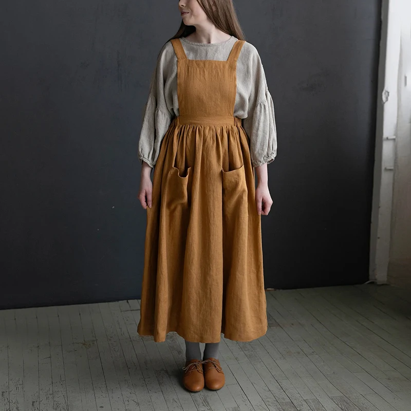 Vintage Cotton Linen Woman Dress Square Collar Back Cross French Style Medieval Dress