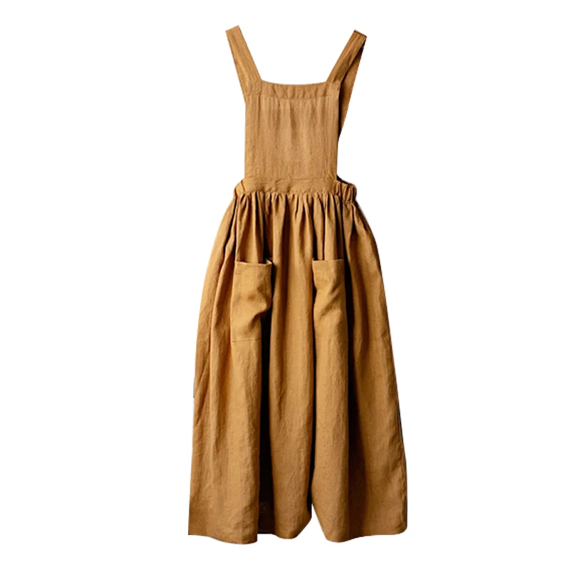 Vintage Cotton Linen Woman Dress Square Collar Back Cross French Style Medieval Dress