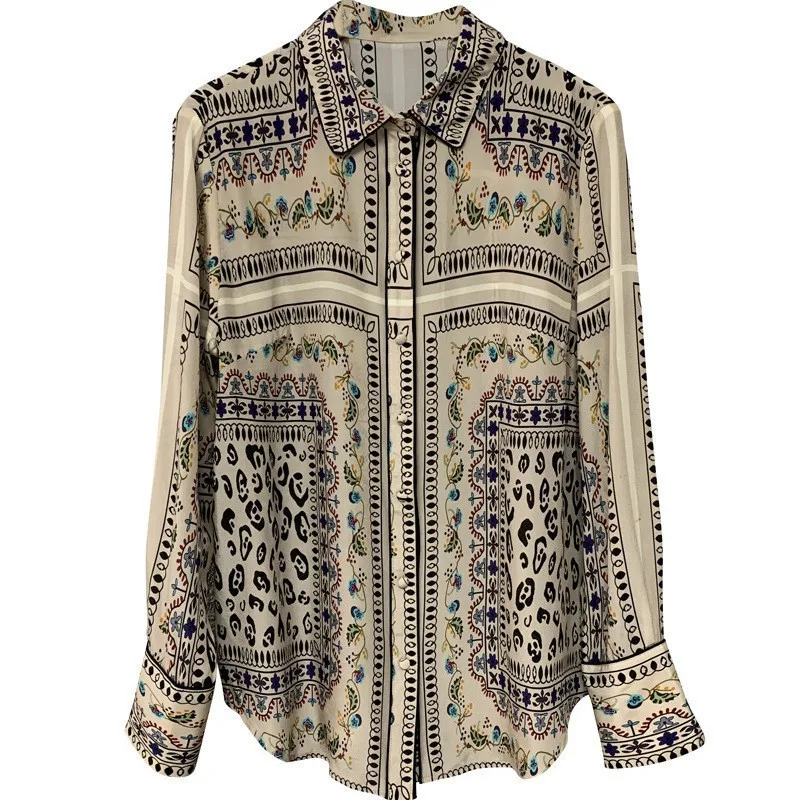 High Quality Printed Silk Lapel Shirt Women's New Slim Fit Top Mulberry Silk Long Sleeved Women's Shirt Blusas Mujer Retro Y2k