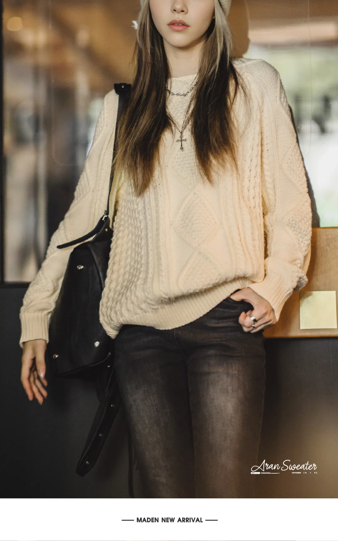 Maden Autumn and Winter Beige Twisted Sweater for Women Thickened Knit Top Loose-fit Outerwear Pullover Crew Neck Warm Sweaters