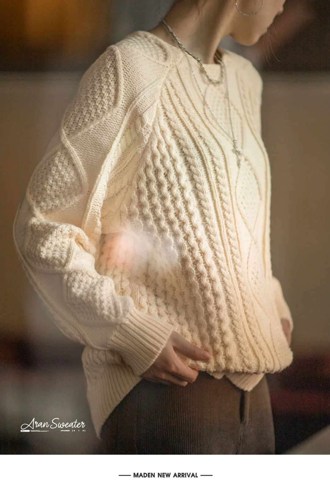 Maden Autumn and Winter Beige Twisted Sweater for Women Thickened Knit Top Loose-fit Outerwear Pullover Crew Neck Warm Sweaters
