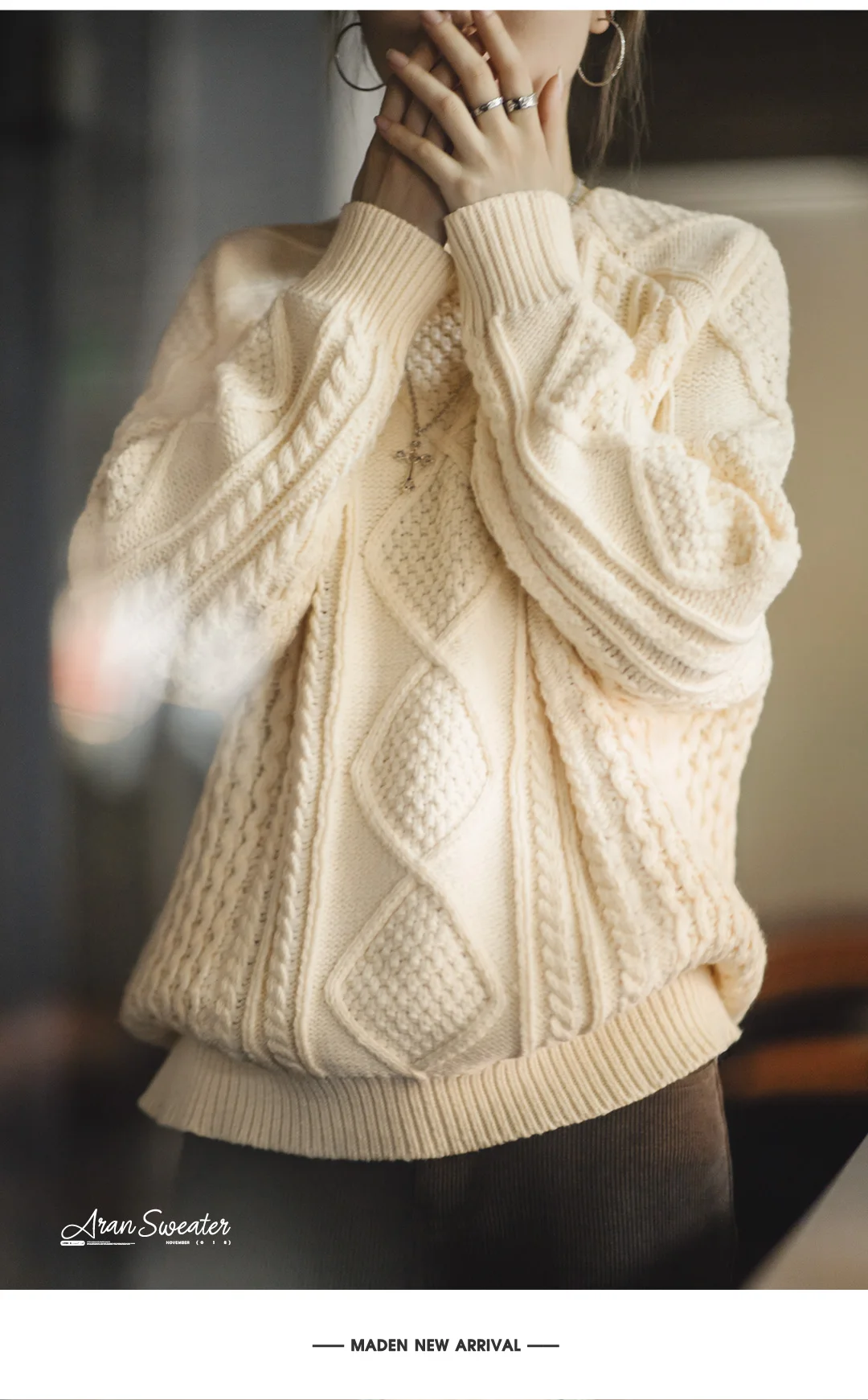 Maden Autumn and Winter Beige Twisted Sweater for Women Thickened Knit Top Loose-fit Outerwear Pullover Crew Neck Warm Sweaters