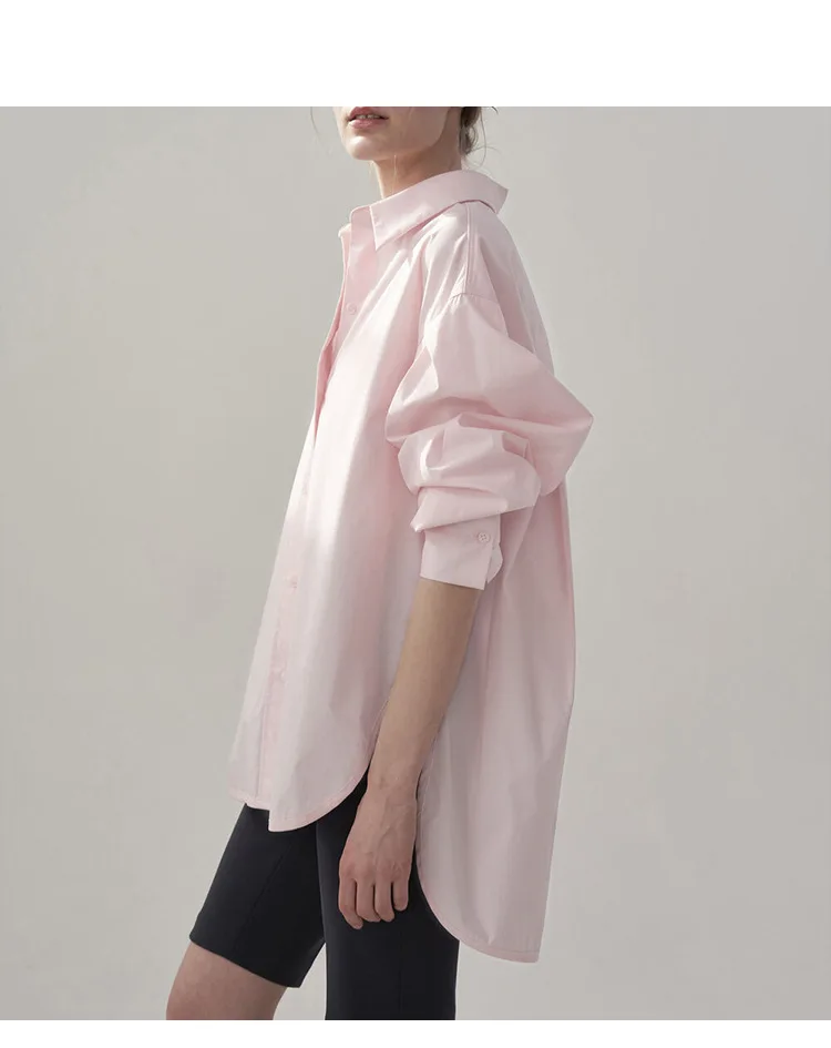 100% Cotton Women Shirts Casual Turn Down Collar Long Sleeve Tops Chic Elegant Pink Blouse Blusa Feminina
