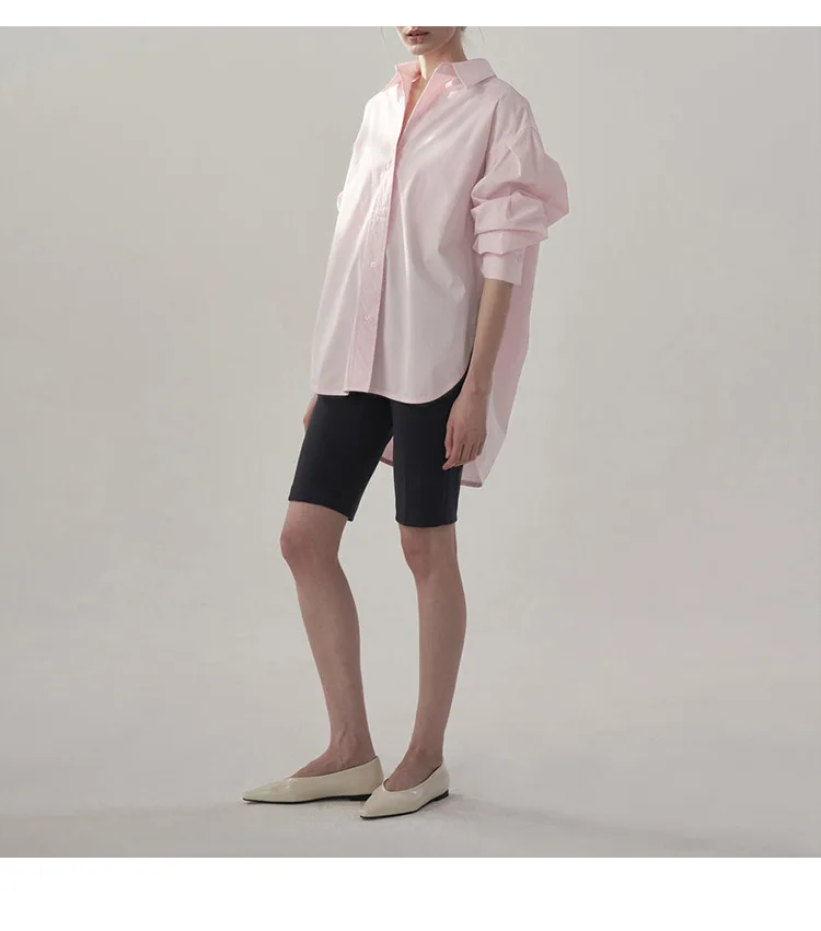 100% Cotton Women Shirts Casual Turn Down Collar Long Sleeve Tops Chic Elegant Pink Blouse Blusa Feminina