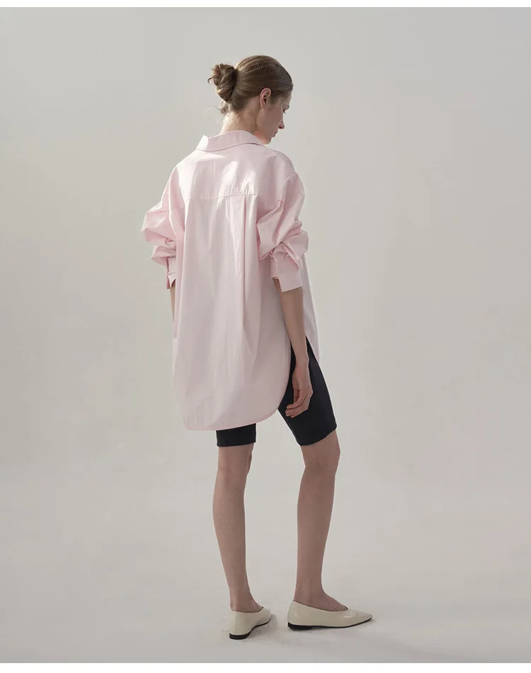 100% Cotton Women Shirts Casual Turn Down Collar Long Sleeve Tops Chic Elegant Pink Blouse Blusa Feminina