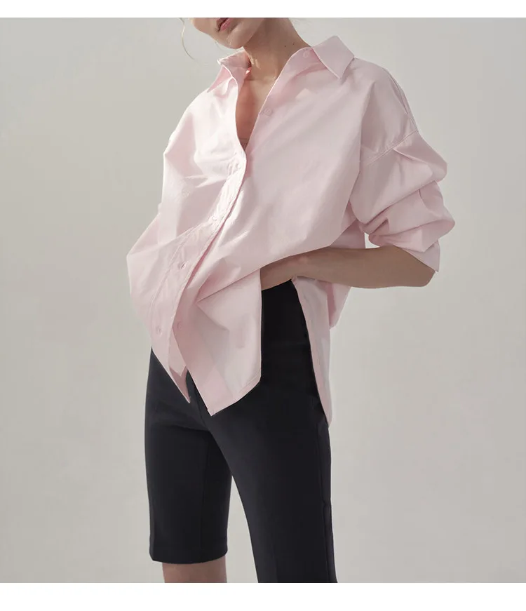100% Cotton Women Shirts Casual Turn Down Collar Long Sleeve Tops Chic Elegant Pink Blouse Blusa Feminina