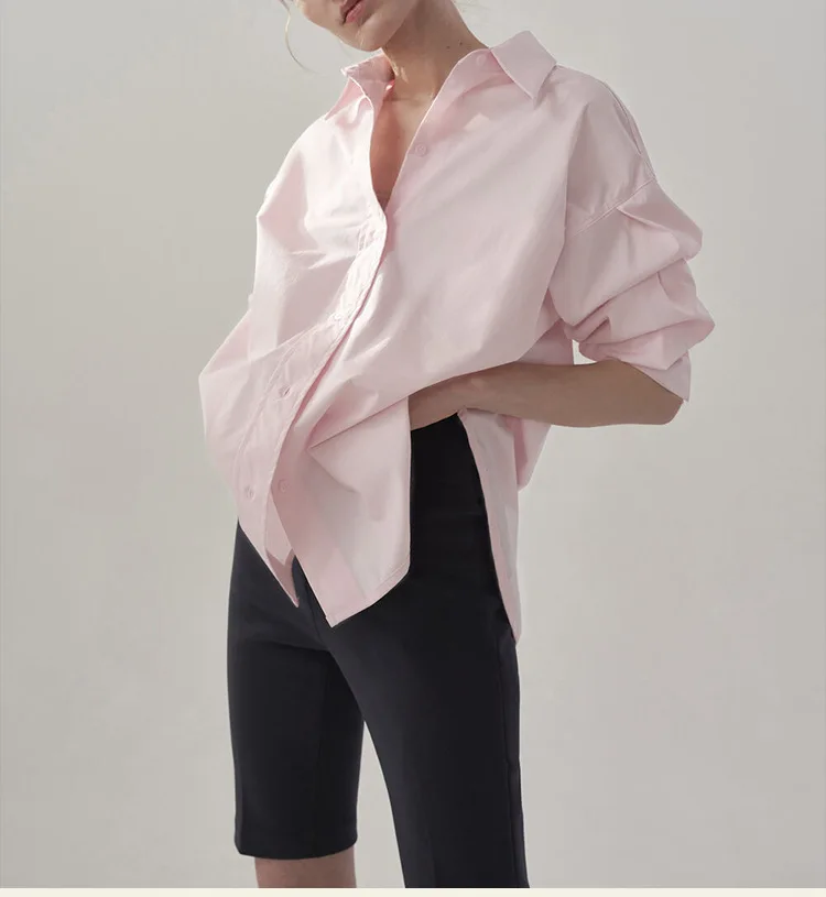 100% Cotton Women Shirts Casual Turn Down Collar Long Sleeve Tops Chic Elegant Pink Blouse Blusa Feminina