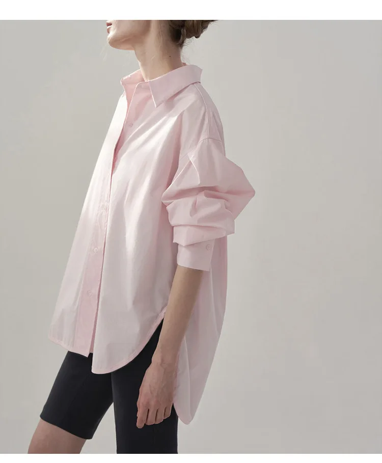 100% Cotton Women Shirts Casual Turn Down Collar Long Sleeve Tops Chic Elegant Pink Blouse Blusa Feminina