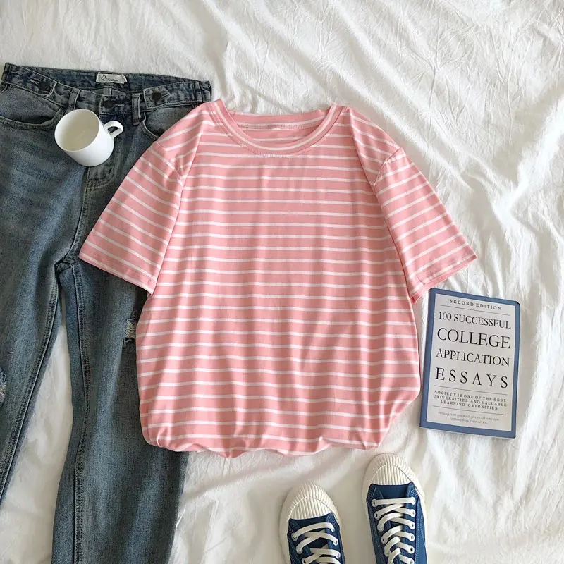Harajuku Short Sleeve Korean O-Neck Casual Fashion Shirt Camiseta Feminina Tops T Shirt Women Solid Color Striped Punk T-shirt