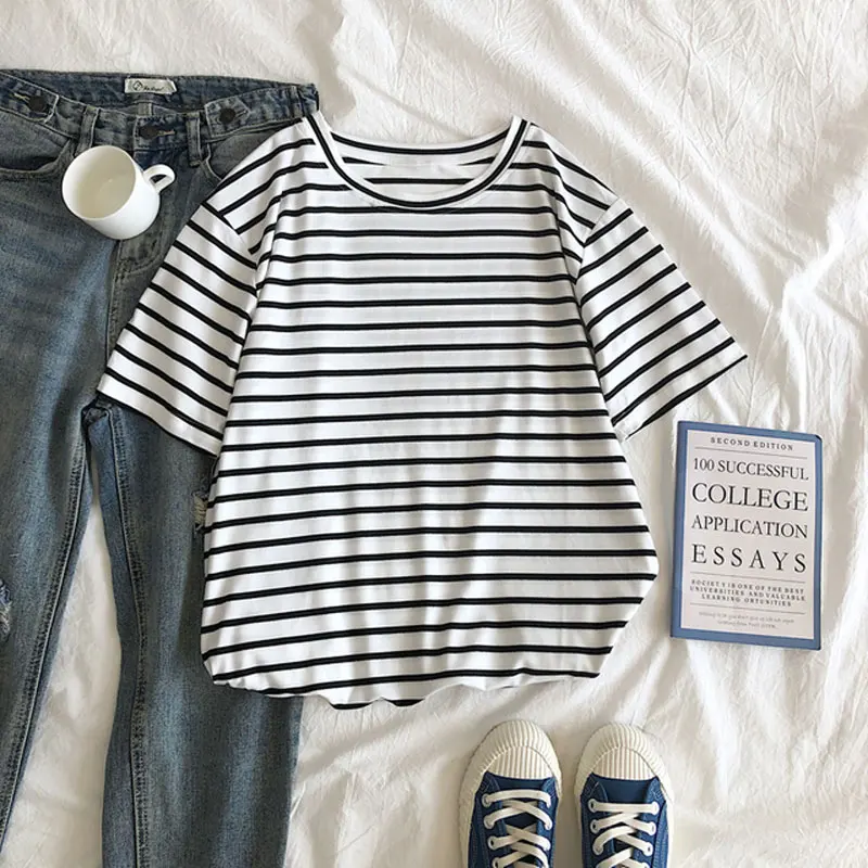Harajuku Short Sleeve Korean O-Neck Casual Fashion Shirt Camiseta Feminina Tops T Shirt Women Solid Color Striped Punk T-shirt