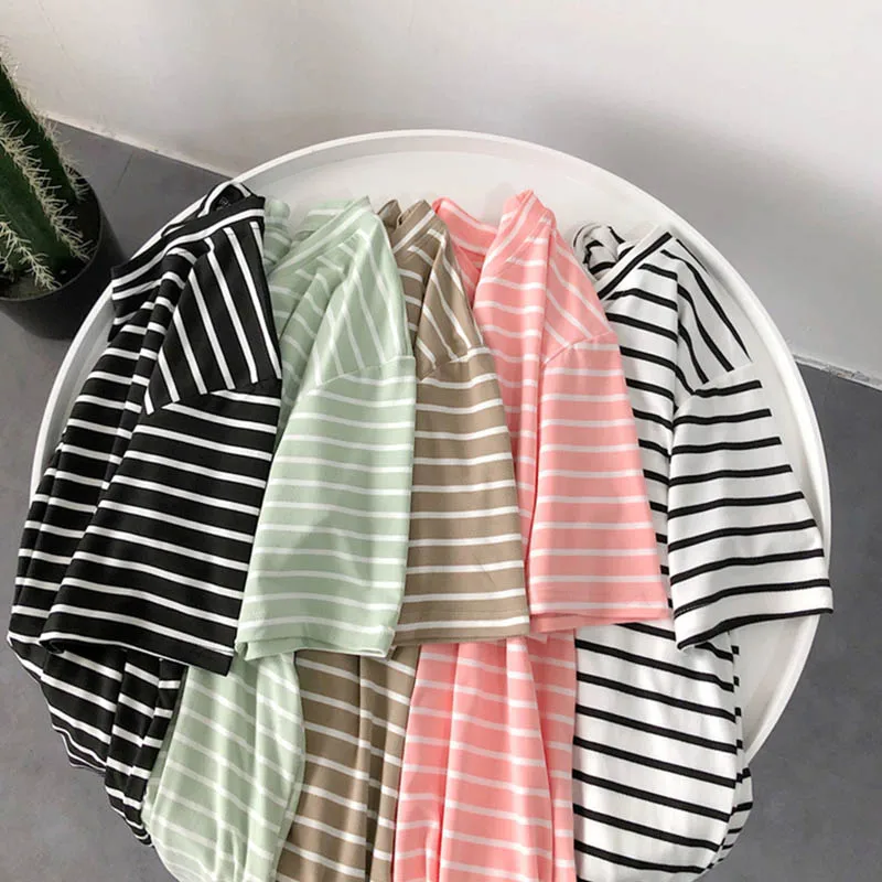 Harajuku Short Sleeve Korean O-Neck Casual Fashion Shirt Camiseta Feminina Tops T Shirt Women Solid Color Striped Punk T-shirt
