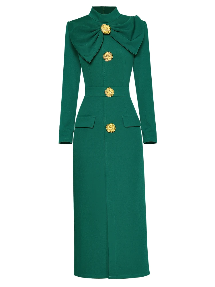 ZJYT Runway Autumn Midi Dresses for Women 2025 Elegant Black Green Vestidos Long Sleeve Straight Party Robe Femme Plus Size XXL