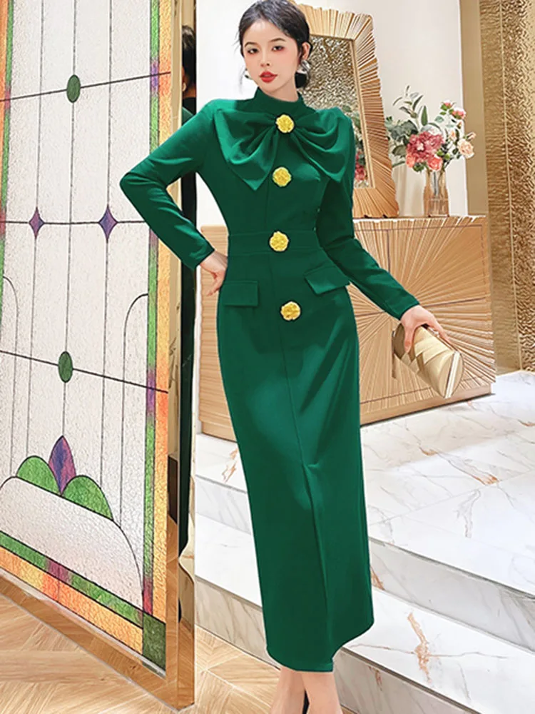 ZJYT Runway Autumn Midi Dresses for Women 2025 Elegant Black Green Vestidos Long Sleeve Straight Party Robe Femme Plus Size XXL
