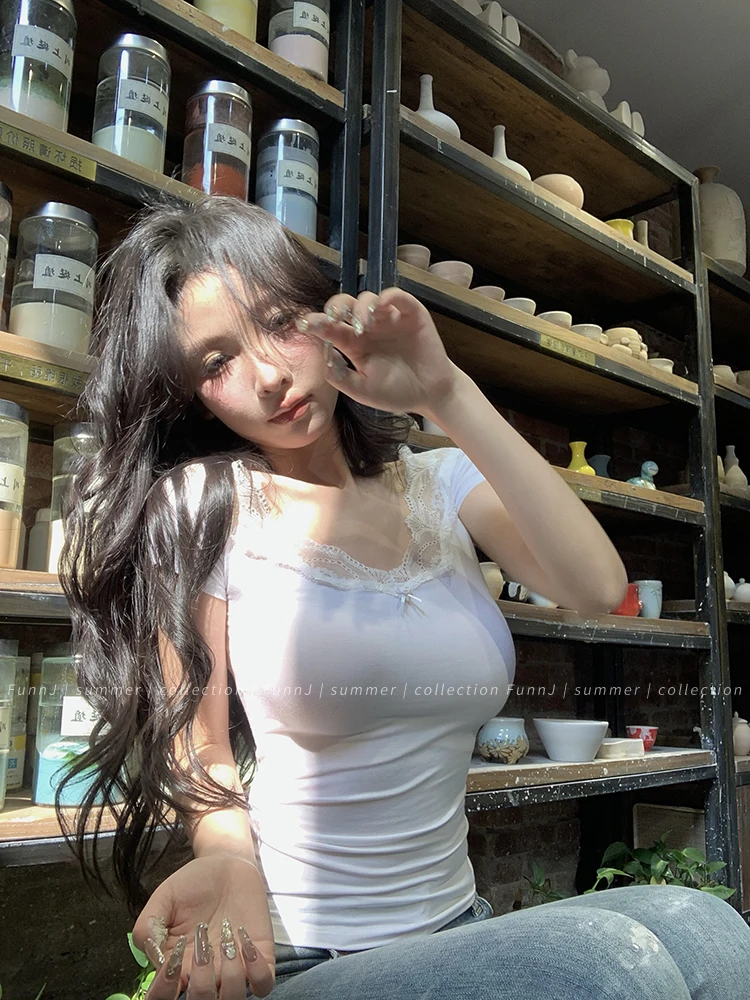 Tonngirls Sexy Cotton T Shirt Women Lace Patchwork Y2k Vintage Crop Tops Streetwear Korean Style Tshirts Skinny Summer Tee Tops