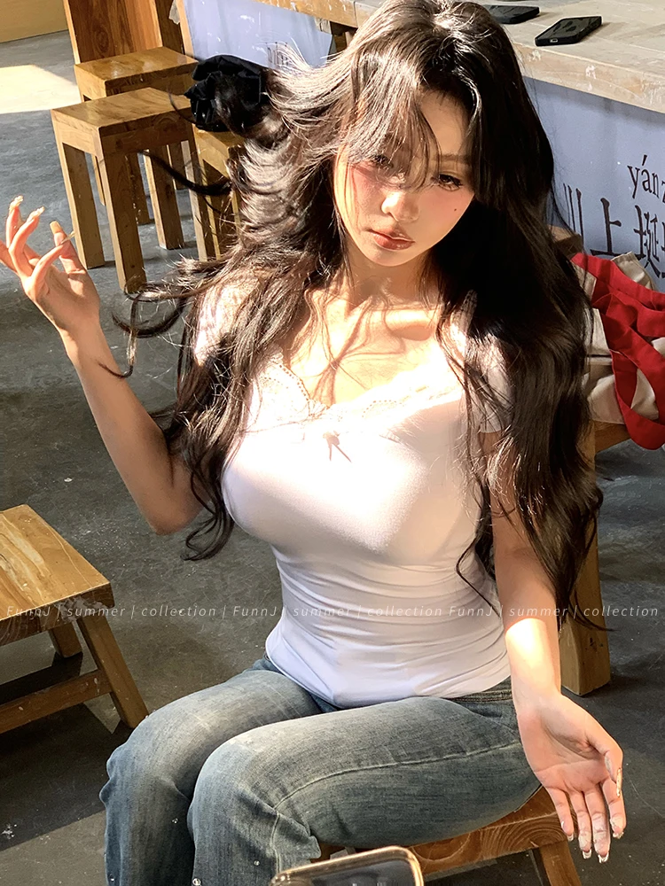Tonngirls Sexy Cotton T Shirt Women Lace Patchwork Y2k Vintage Crop Tops Streetwear Korean Style Tshirts Skinny Summer Tee Tops