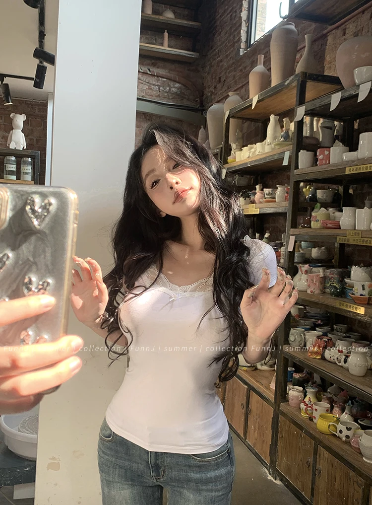 Tonngirls Sexy Cotton T Shirt Women Lace Patchwork Y2k Vintage Crop Tops Streetwear Korean Style Tshirts Skinny Summer Tee Tops