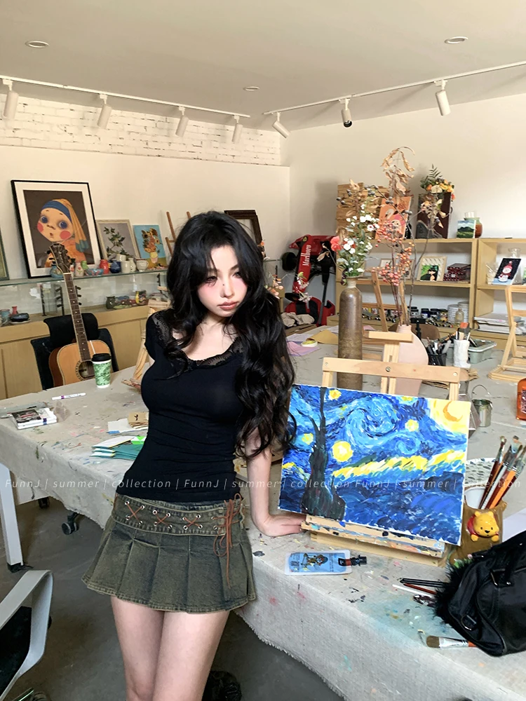 Tonngirls Sexy Cotton T Shirt Women Lace Patchwork Y2k Vintage Crop Tops Streetwear Korean Style Tshirts Skinny Summer Tee Tops
